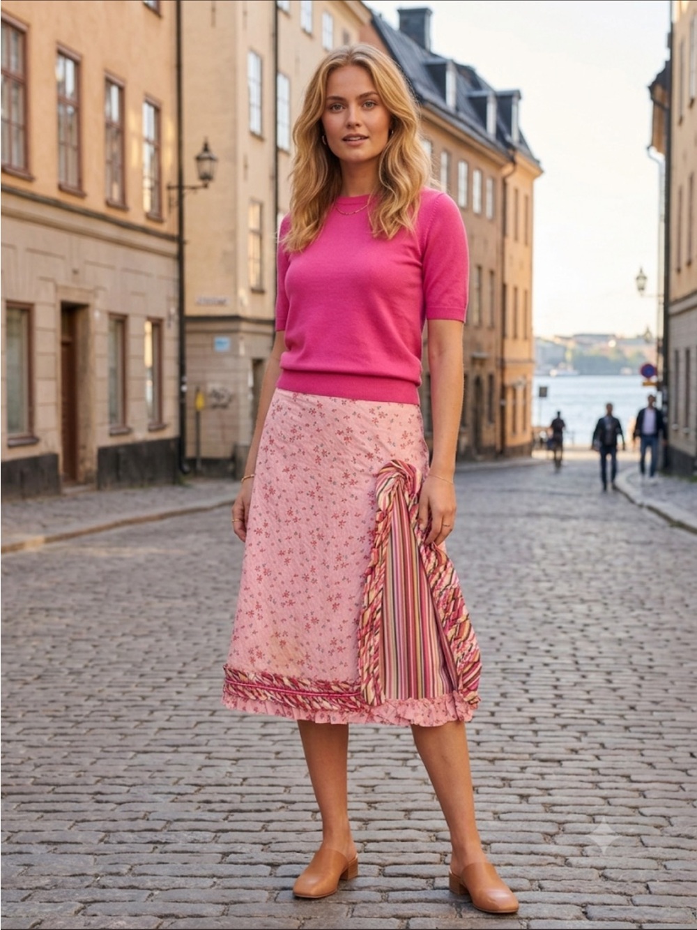 Oilily Pink Floral Midi Skirt with Striped Inset